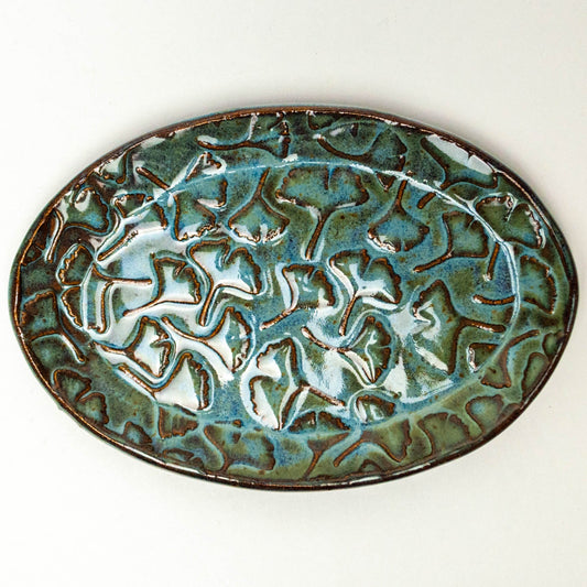 Ginkgo Leaf Pattern Blue Stoneware Oval Trinket Dish