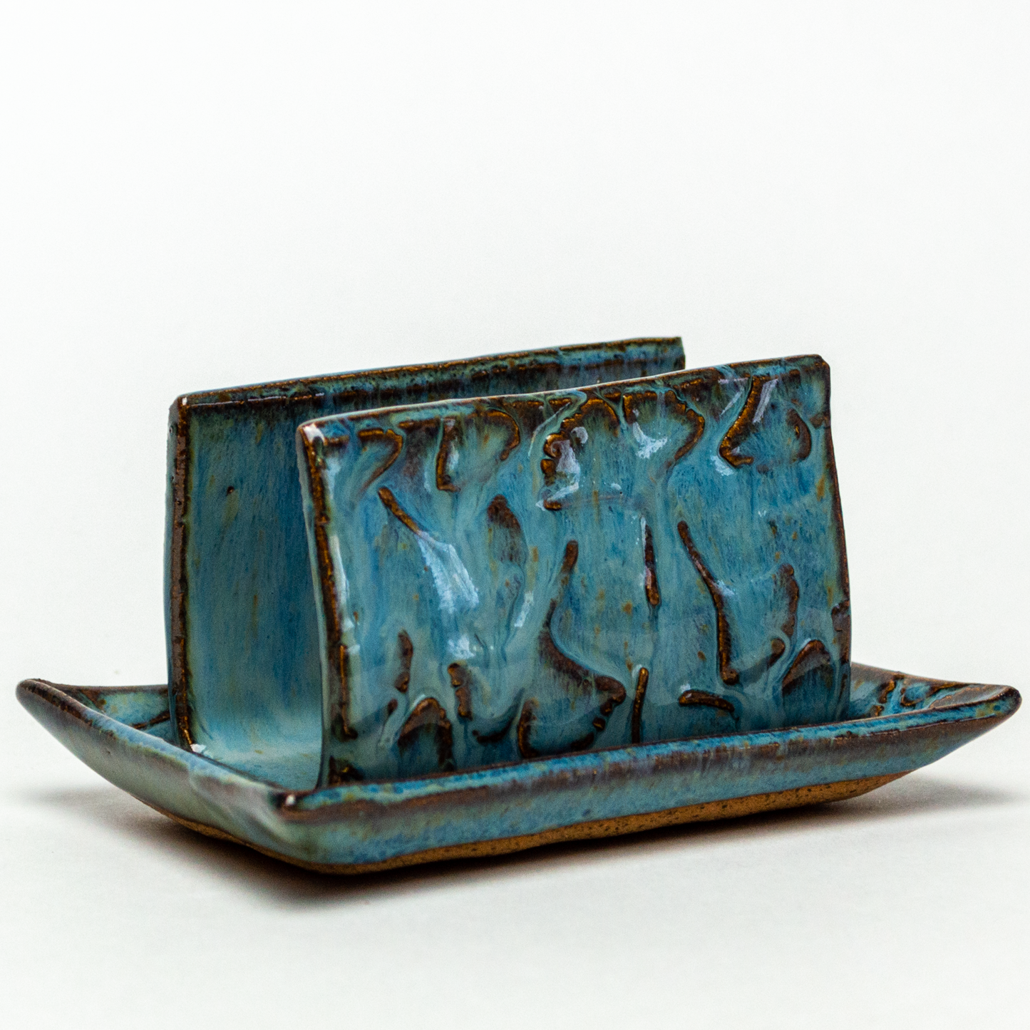 Ginkgo Patterned Handmade Blue Stoneware Sponge Holder