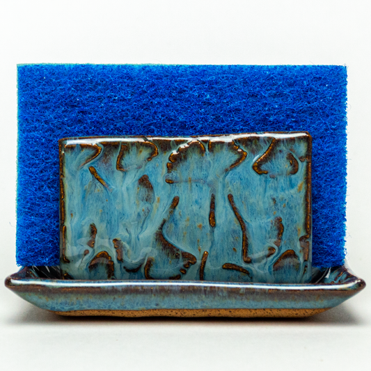 Ginkgo Patterned Handmade Blue Stoneware Sponge Holder