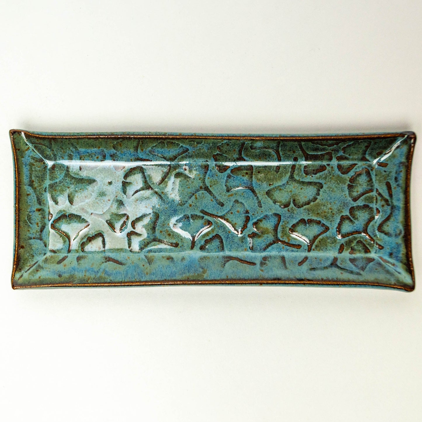 Ginkgo Leaf Pattern Blue Stoneware Butter/Olive Dish