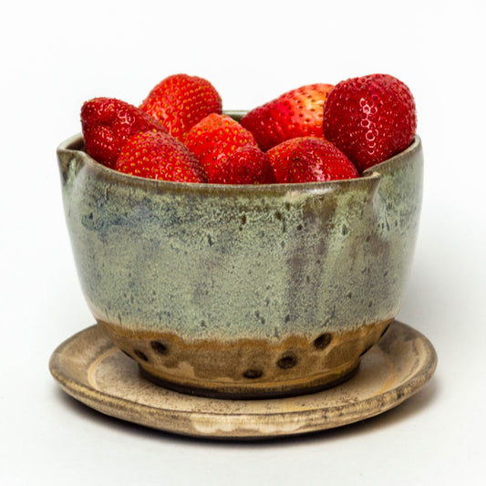 Handmade Green & Cream Stoneware Chocolate Clay Berry Bowl/Colander