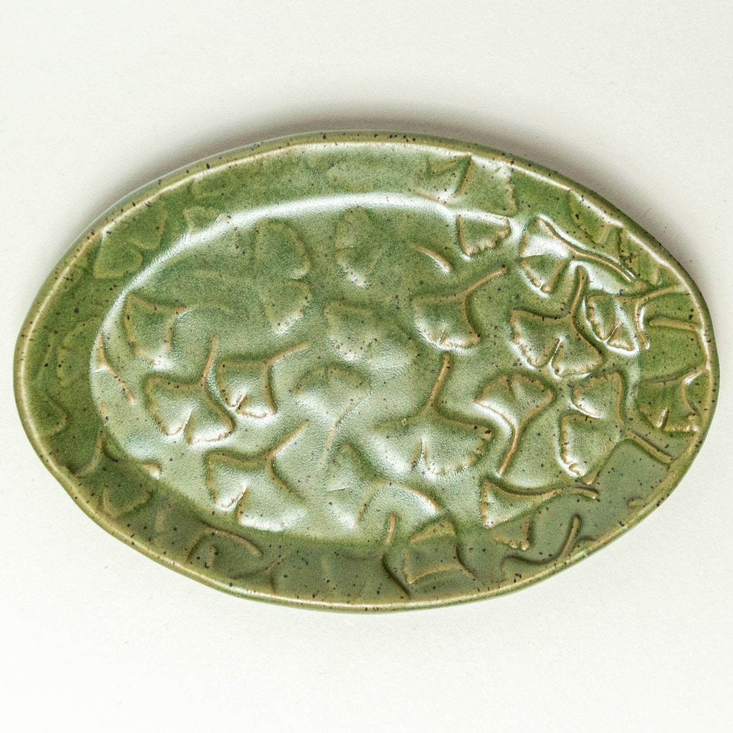 Ginkgo Leaf Green Stoneware Oval Trinket Dish