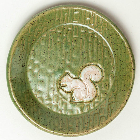 White Squirrel on Green Round Stoneware Trinket Dish