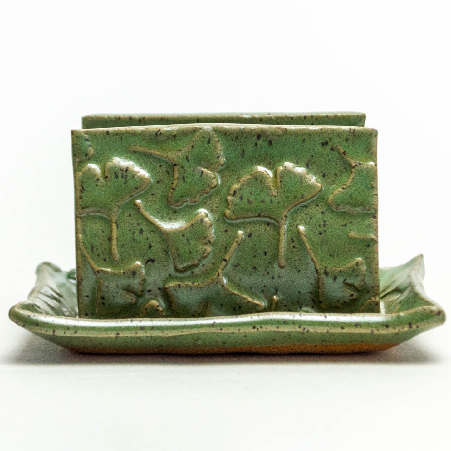 Ginkgo Leaf Pattern Green Stoneware Sponge Holder