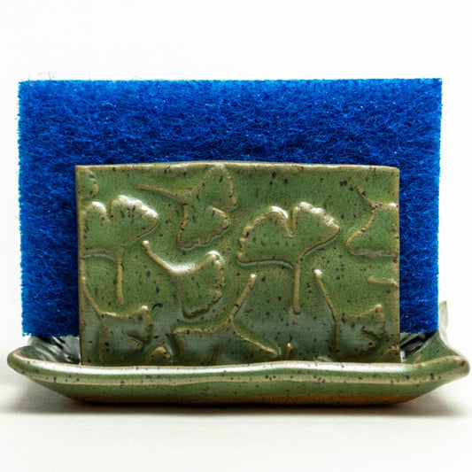 Ginkgo Leaf Pattern Green Stoneware Sponge Holder