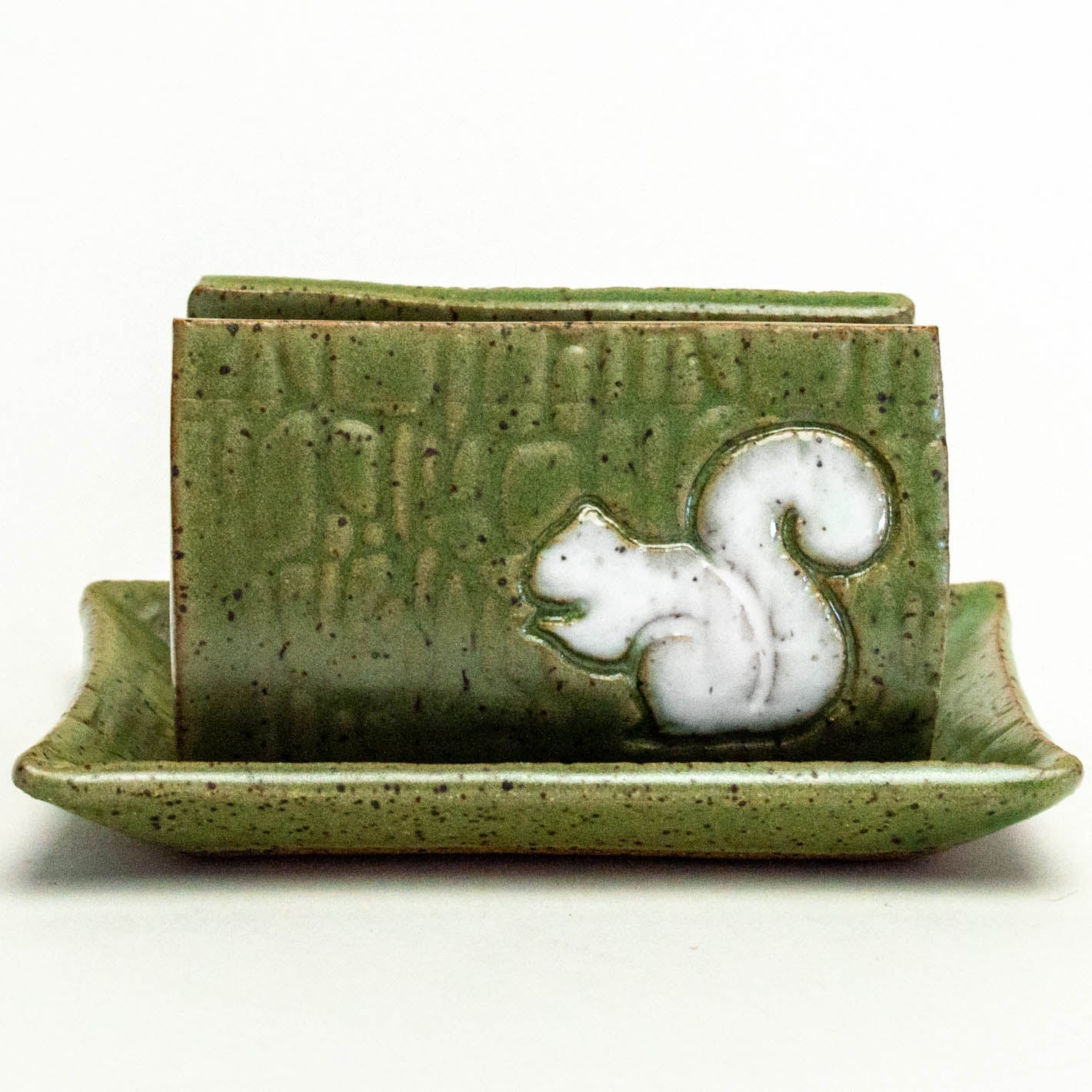 White Squirrel on Green Stoneware Sponge Holder