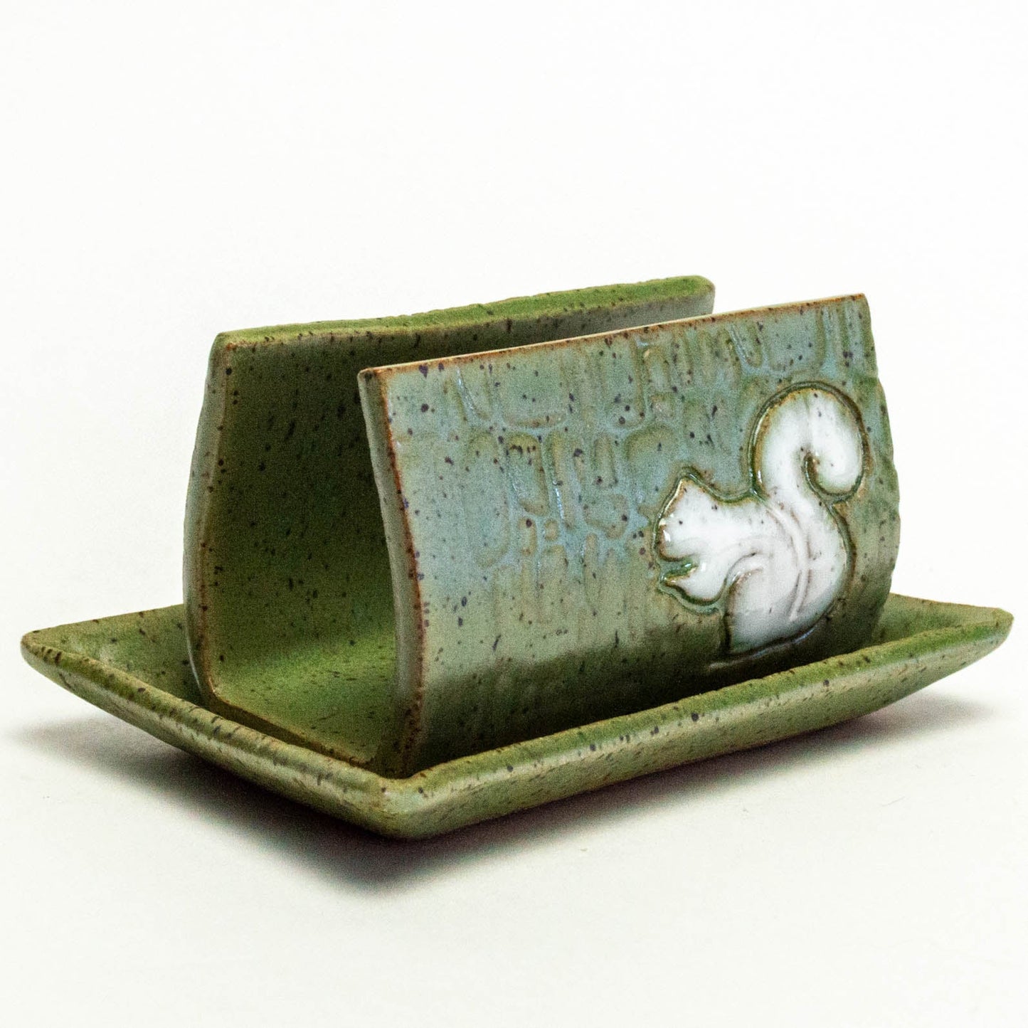 White Squirrel on Green Stoneware Sponge Holder