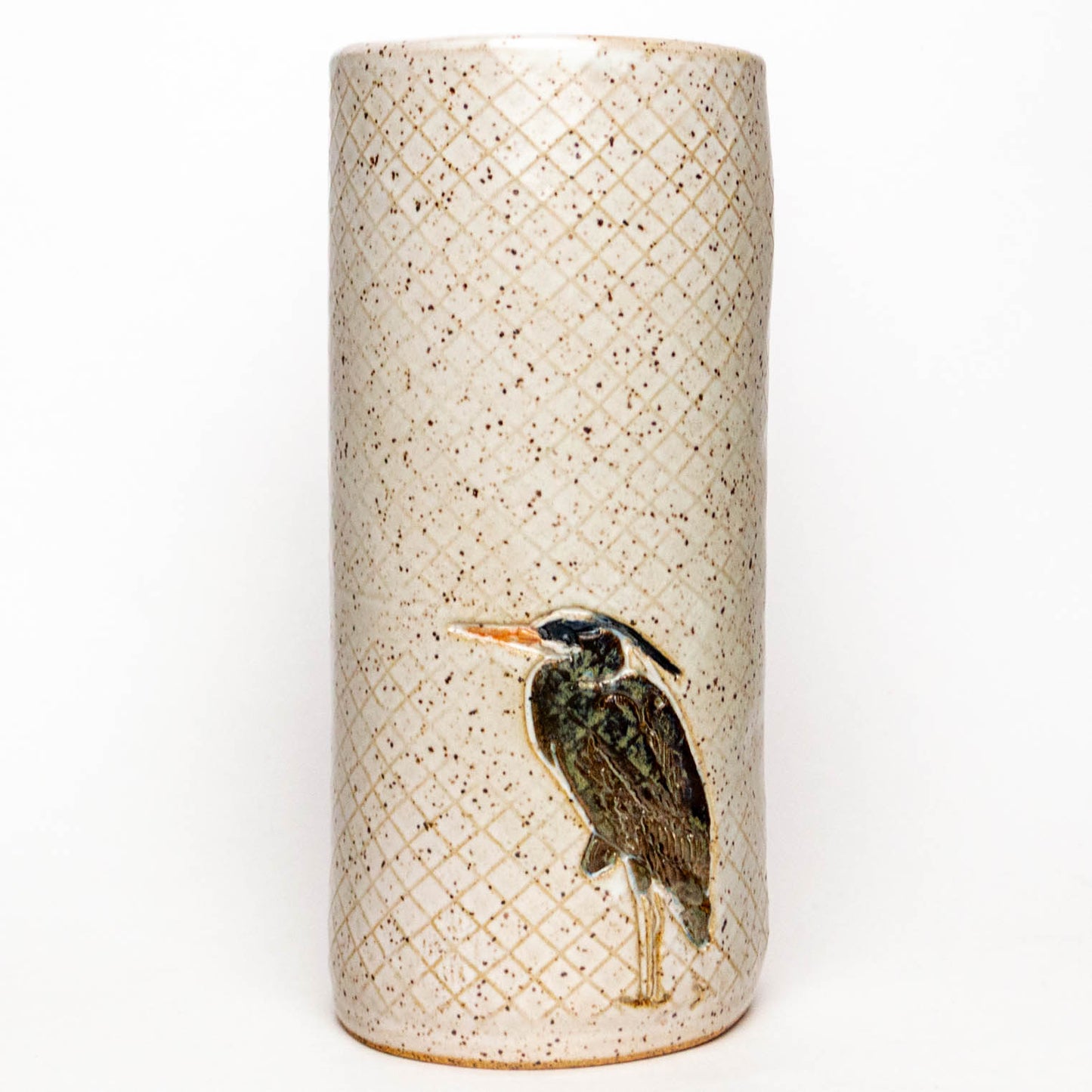Blue Heron on White Stoneware Vase