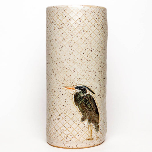 Blue Heron on White Stoneware Vase