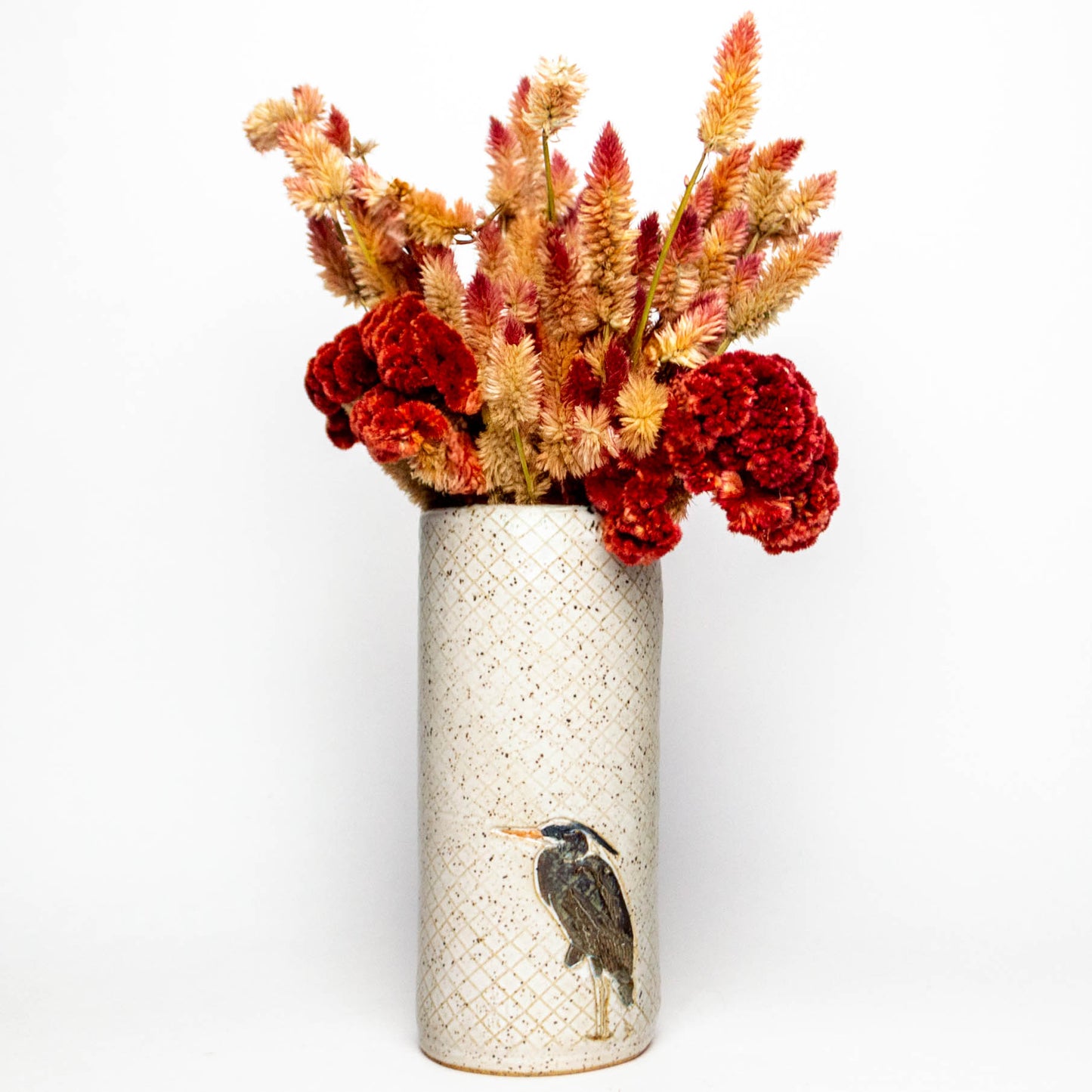 Blue Heron on White Stoneware Vase