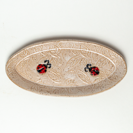 Ladybug White Oval Stoneware Trinket Dish