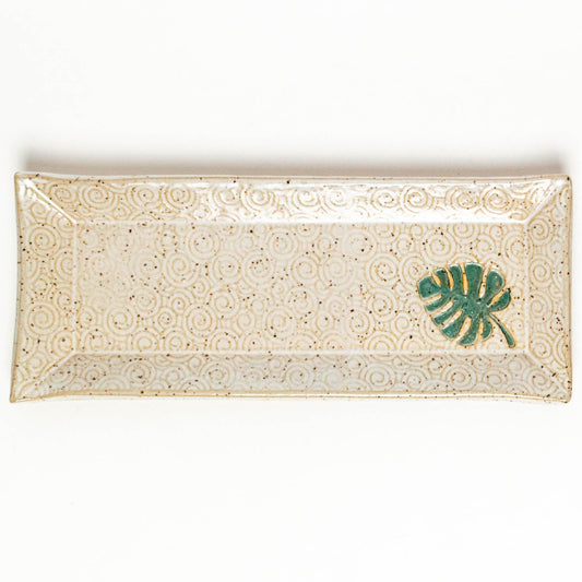 Monstera Leaf on White Stoneware Butter Dish