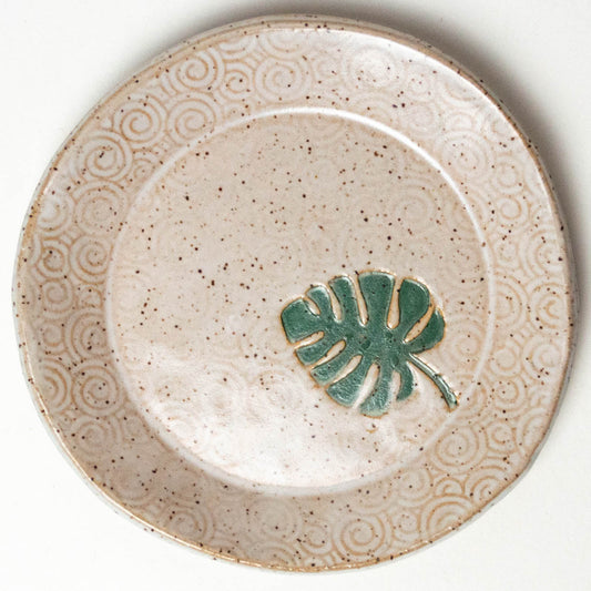 Monstera Leaf on White Stoneware Round Trinket Dish