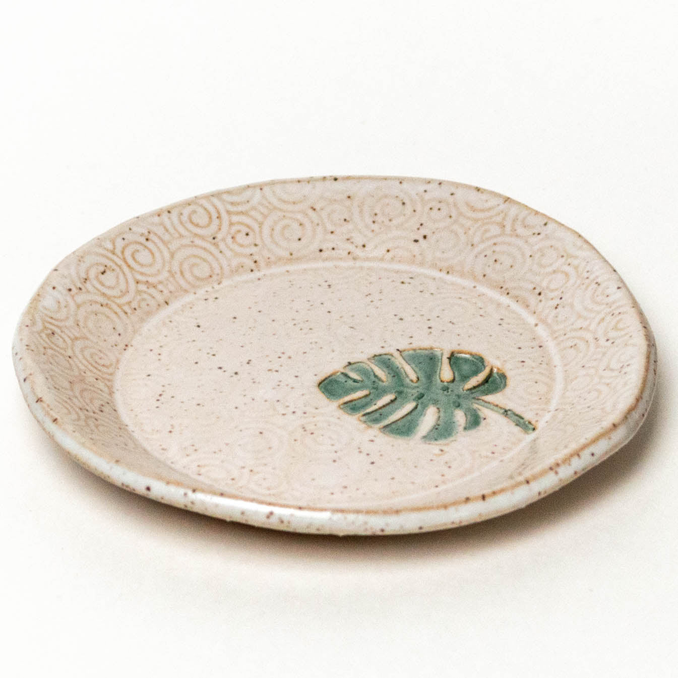 Monstera Leaf on White Stoneware Round Trinket Dish