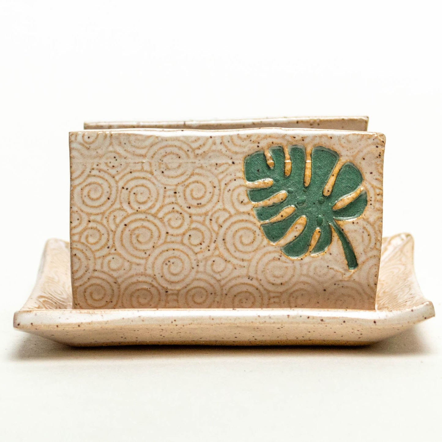 Monstera Leaf on White Stoneware Sponge Holder