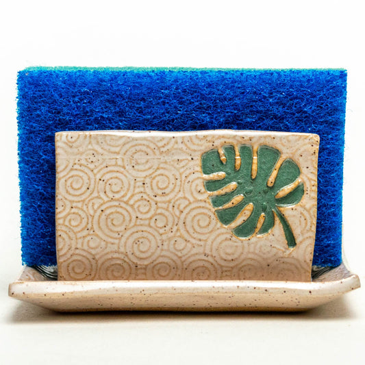 Monstera Leaf on White Stoneware Sponge Holder