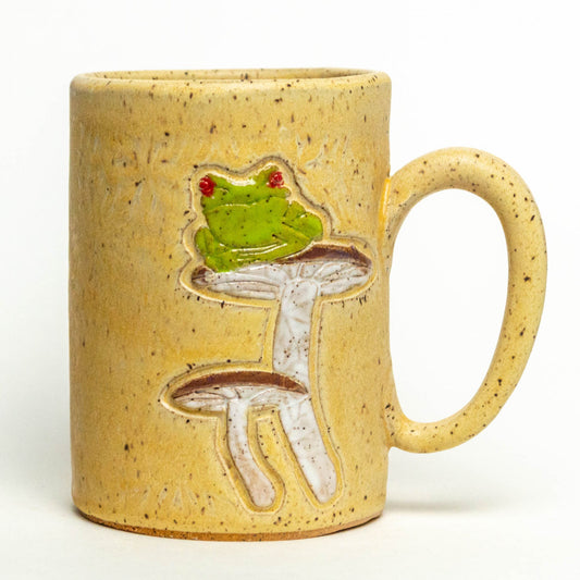 Frog Sitting on a Mushroom Beige 14oz Stoneware Mug