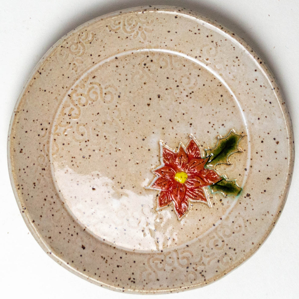 Poinsettia on White Stoneware Round Trinket Dish