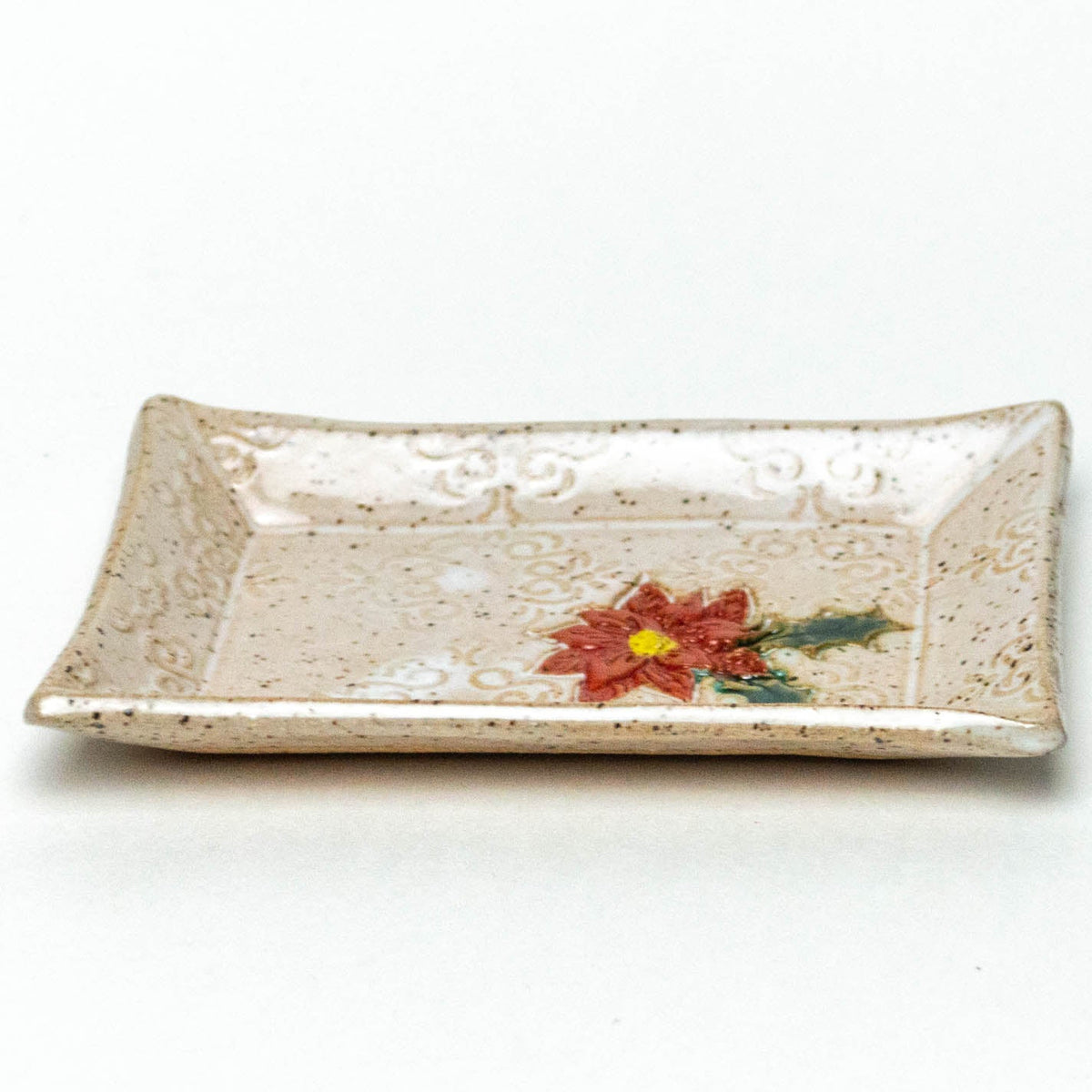 Poinsettia on White Stoneware Trinket Dish
