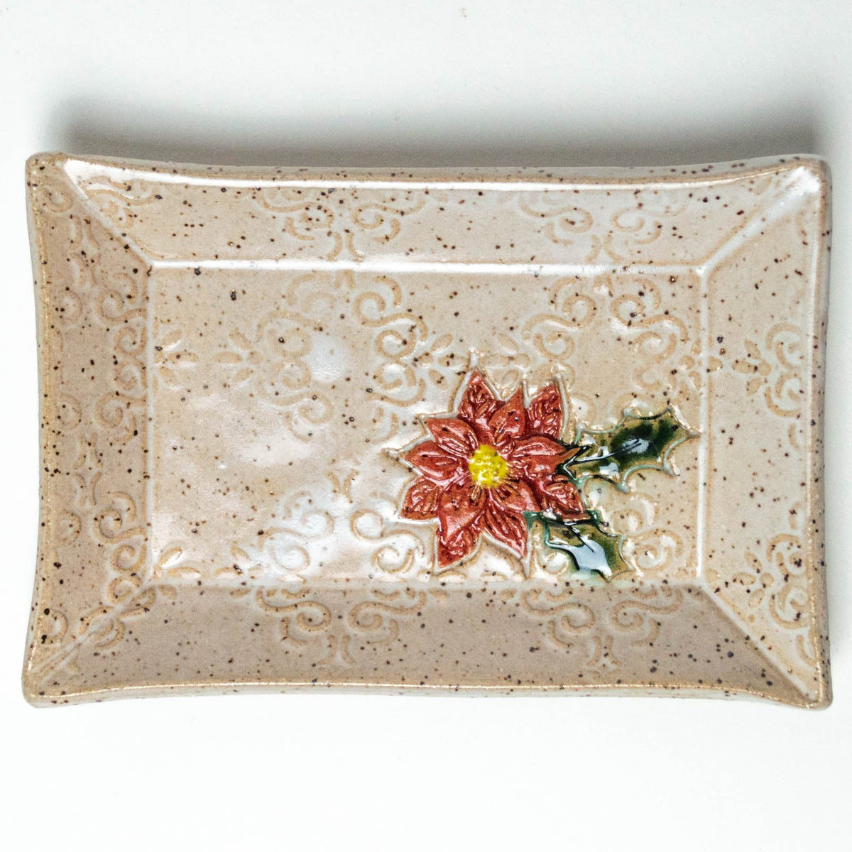 Poinsettia on White Stoneware Trinket Dish