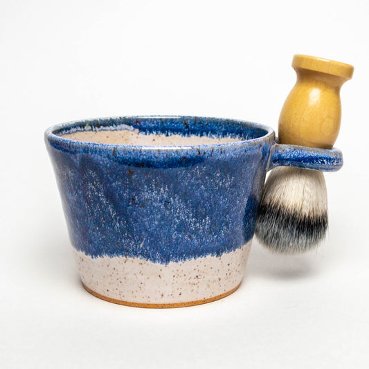 Blue & White Hand-Thrown Stoneware Shave Bowl w/ Brush