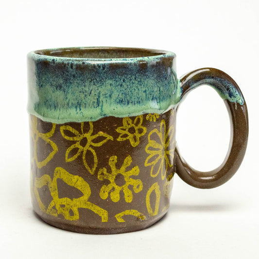 Yellow Flower w/Green Drip Rim Handmade Stoneware 12oz Mug
