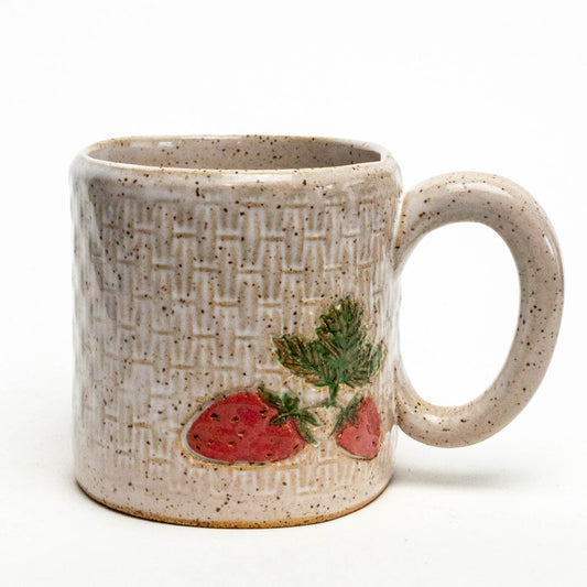 Strawberry Pattern on White Basketweave Stoneware 10oz Mug