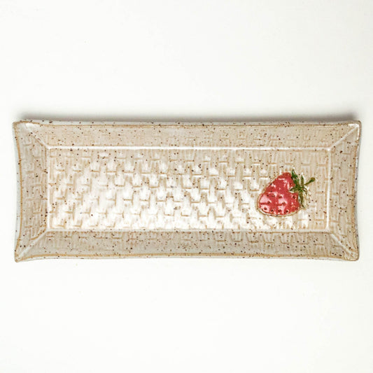 Strawberry on White Basket Weave Stoneware Butter/Olive Dish