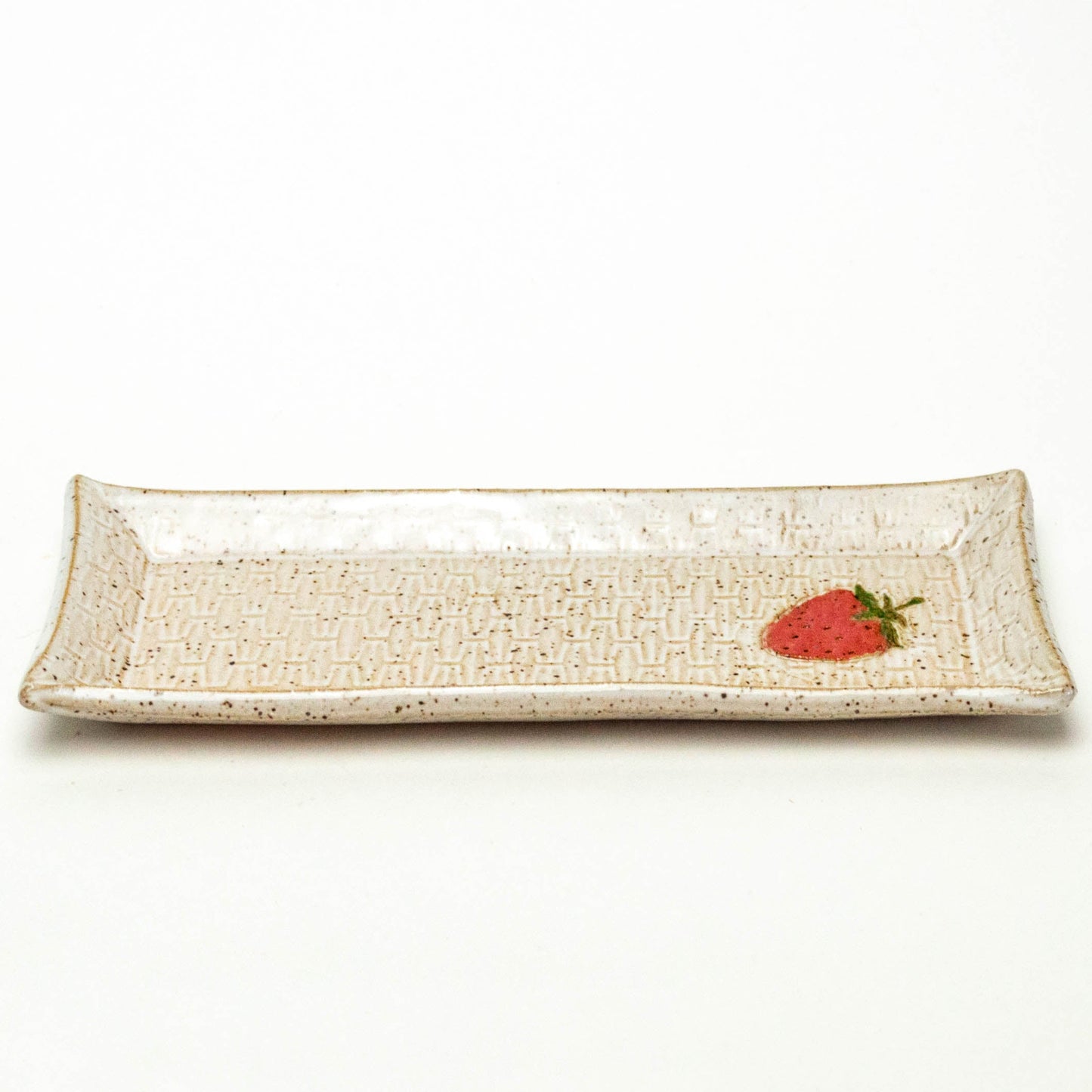 Strawberry on White Basket Weave Stoneware Butter/Olive Dish