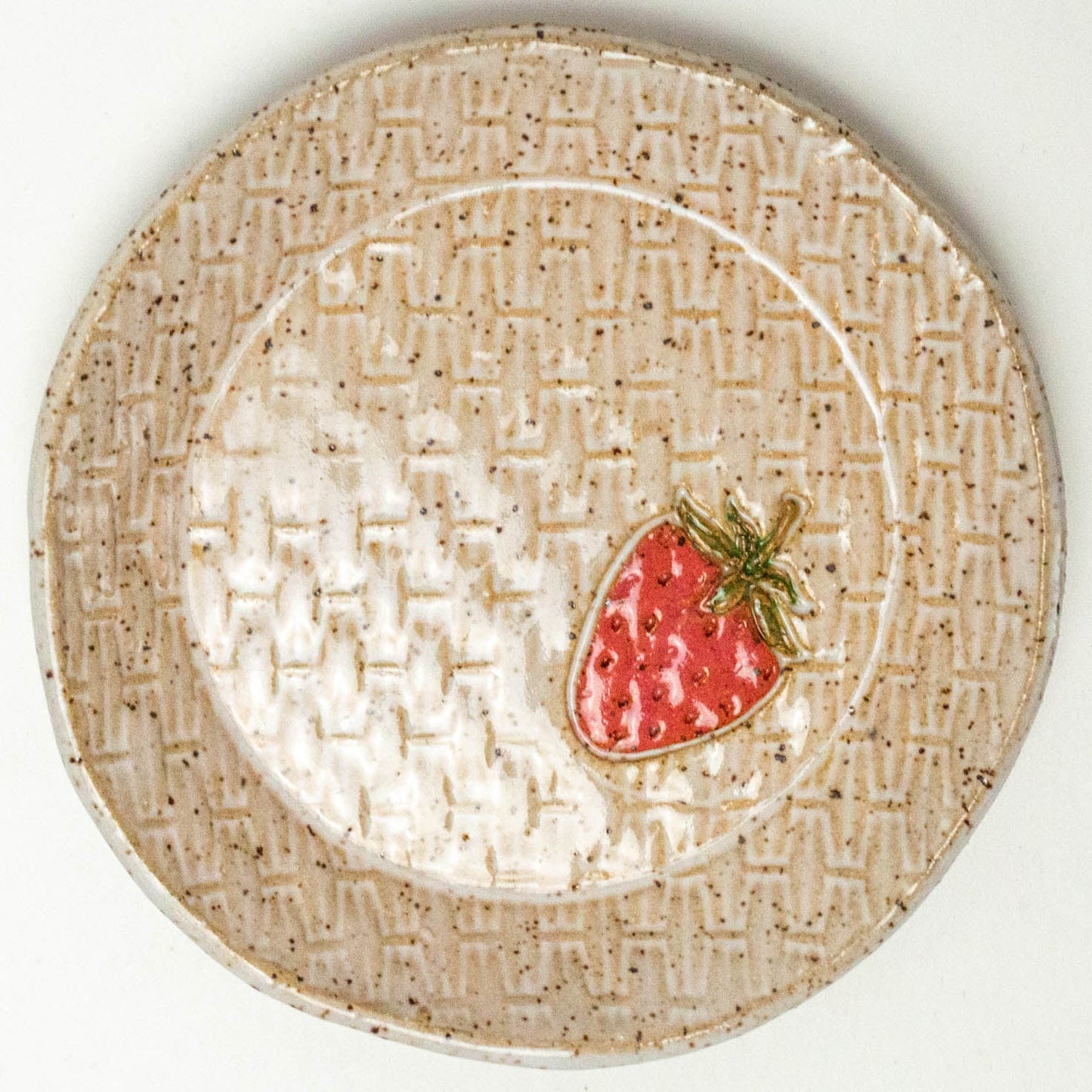 Strawberry on White Basketweave Stoneware Round Trinket Dish