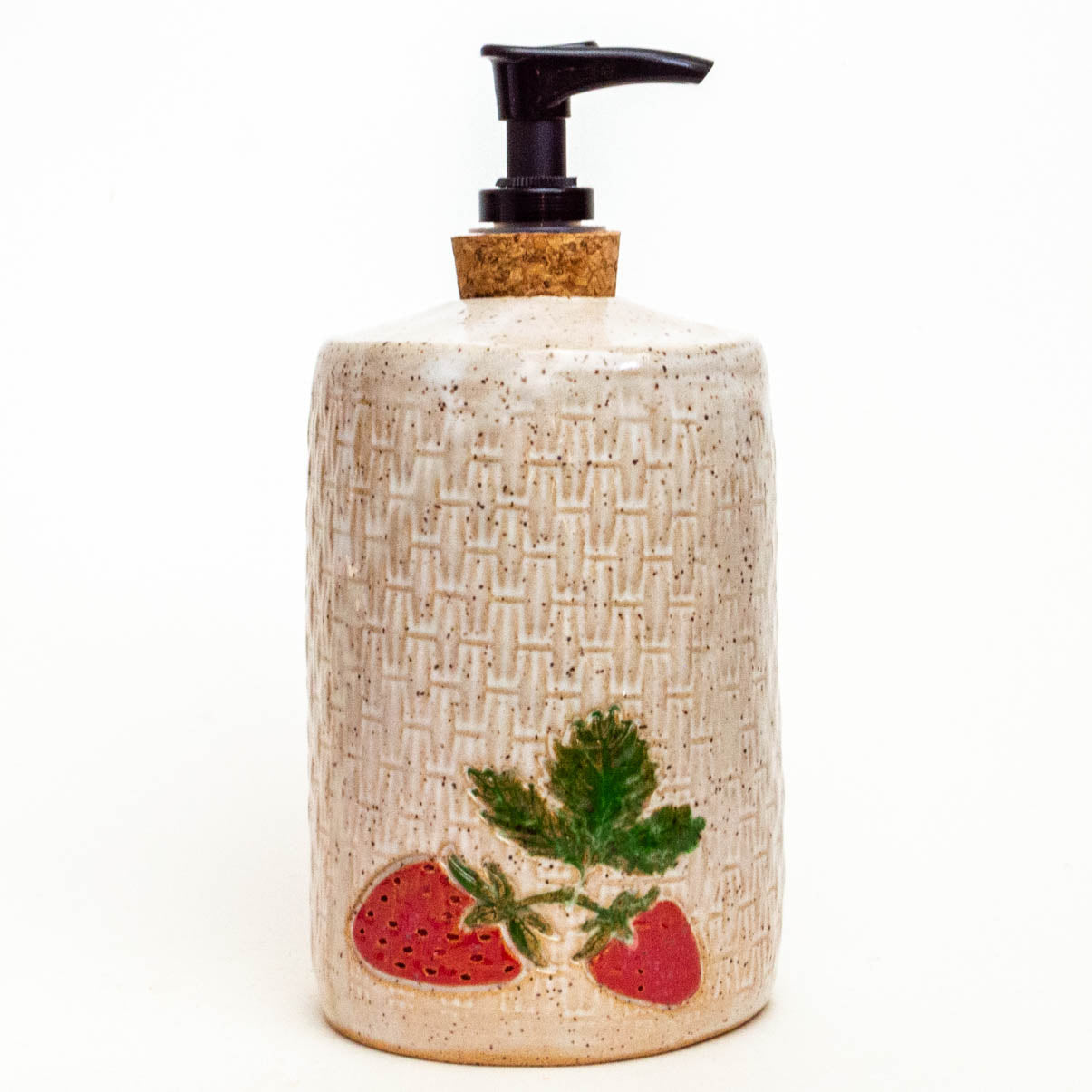 Strawberry on White Basketweave Stoneware Soap Dispenser