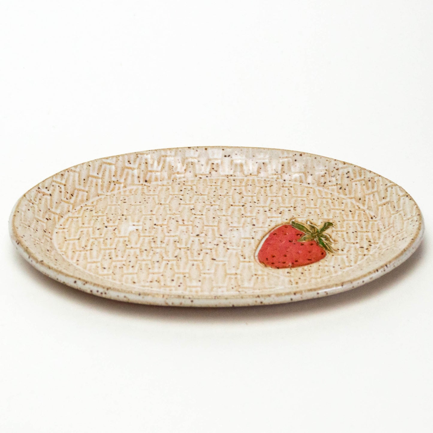 Strawberry on White Basketweave Stoneware Oval Trinket Dish