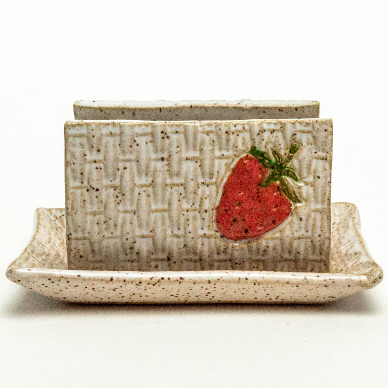 Strawberry on White Basketweave Stoneware Sponge Holder