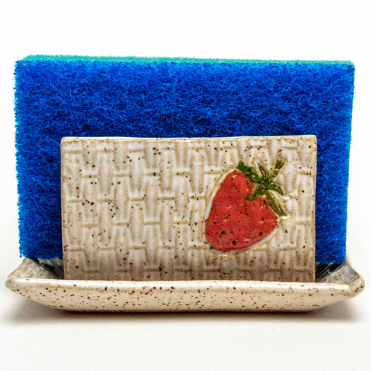 Strawberry on White Basketweave Stoneware Sponge Holder