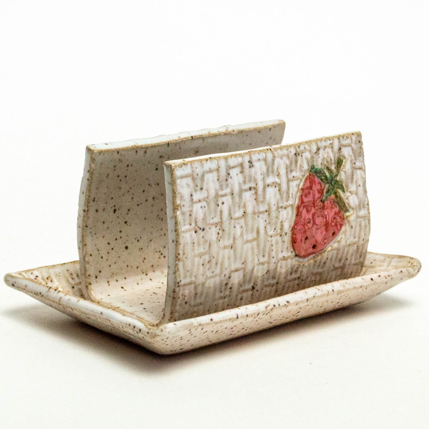 Strawberry on White Basketweave Stoneware Sponge Holder