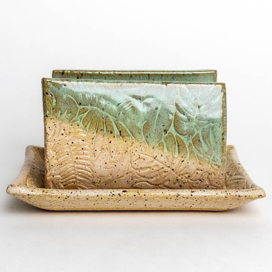 Green Tropical Leaf Pattern Stoneware Sponge Holder