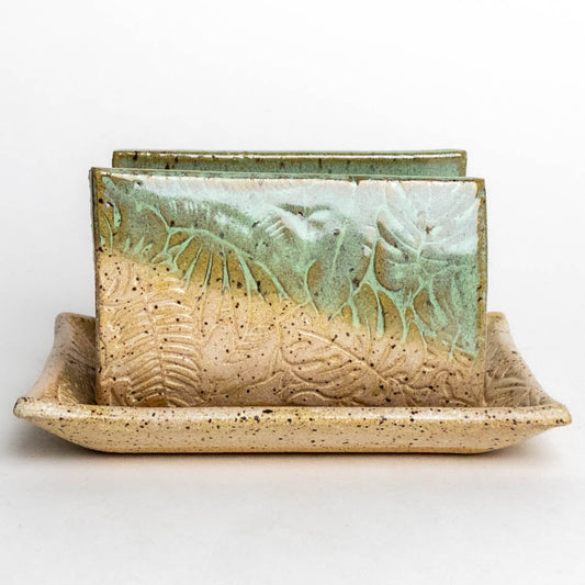 Green Tropical Leaf Pattern Stoneware Sponge Holder