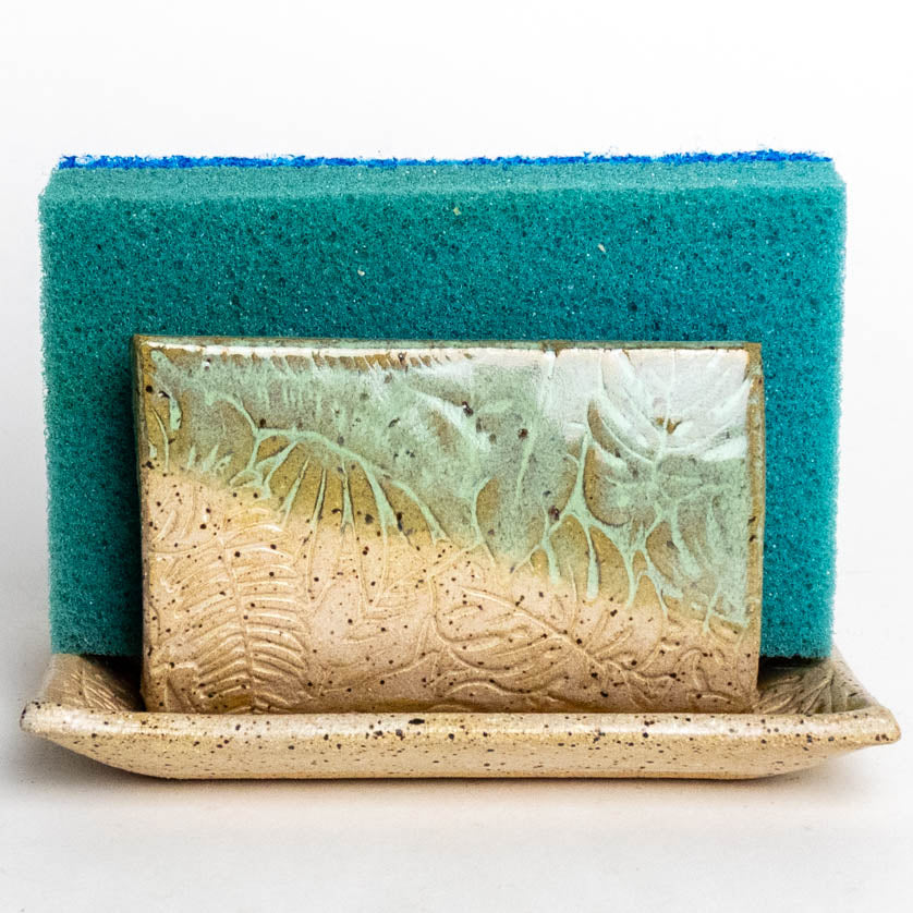 Green Tropical Leaf Pattern Stoneware Sponge Holder