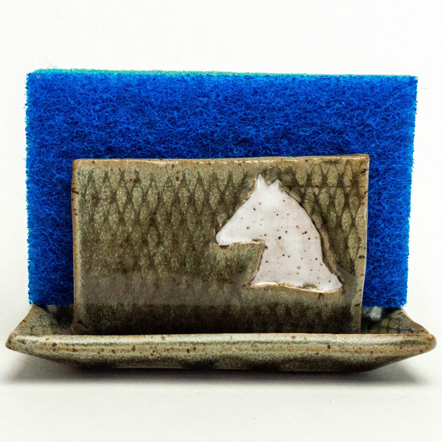 White Horse on Silver Stoneware Sponge Holder